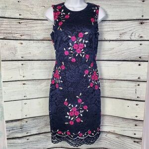 DKNY Sheath Dress Size 2 Navy Blue Lace Embroidered Sleeveless Floral Cocktail P
